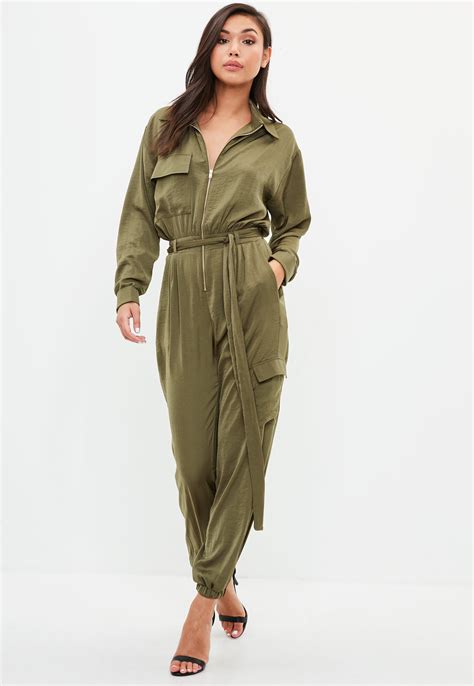 long sleeve utility green jumpsuit.